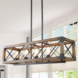 LALUZ Dining Room Lighting Fixtures Hanging,5-Lights Open-Caged Farmhouse Chandelier,Rectangular Farmhouse Light Fixture, Brown