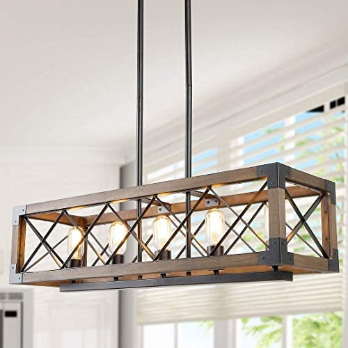 LALUZ Dining Room Lighting Fixtures Hanging,5-Lights Open-Caged Farmhouse Chandelier,Rectangular Farmhouse Light Fixture, Brown