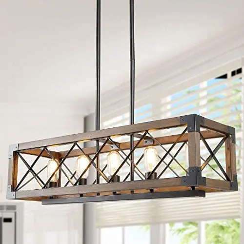 LALUZ Dining Room Lighting Fixtures Hanging,5-Lights Open-Caged Farmhouse Chandelier,Rectangular Farmhouse Light Fixture, Brown