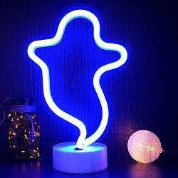 OHLGT LED Neon Light, Neon Sign Blue Ghost Lamp with Base, Battery and USB Operated Neon Decorative Lights for Halloween, Christmas, New Years, Party, Bar, Home, Bedroom