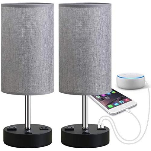 Focondot Table Lamp, Bedside Nightstand Lamps with Dual USB Charging Ports & an AC Outlet, USB Lamp Set of 2 with Gray Cylinder Shade, Stylish Desk Lamp for Bedroom Living Room Office (Grey)