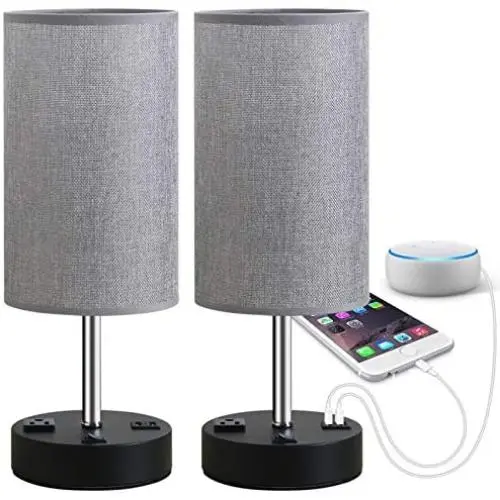 Focondot Table Lamp, Bedside Nightstand Lamps with Dual USB Charging Ports & an AC Outlet, USB Lamp Set of 2 with Gray Cylinder Shade, Stylish Desk Lamp for Bedroom Living Room Office (Grey)