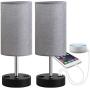 Focondot Table Lamp, Bedside Nightstand Lamps with Dual USB Charging Ports & an AC Outlet, USB Lamp Set of 2 with Gray Cylinder Shade, Stylish Desk Lamp for Bedroom Living Room Office (Grey)