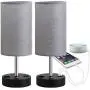 Focondot Table Lamp, Bedside Nightstand Lamps with Dual USB Charging Ports & an AC Outlet, USB Lamp Set of 2 with Gray Cylinder Shade, Stylish Desk Lamp for Bedroom Living Room Office (Grey)