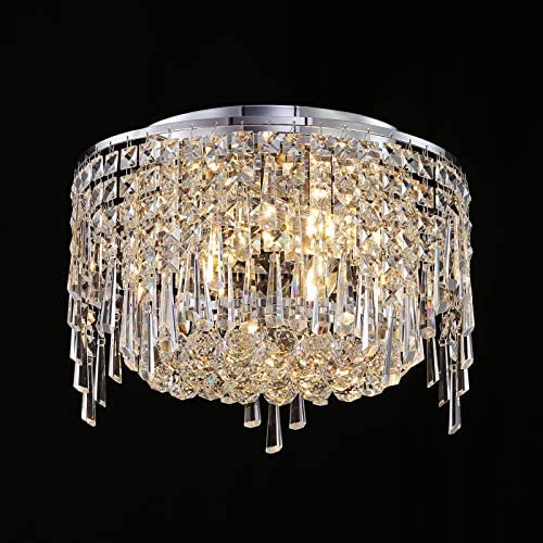 3-Light Crystal Chandelier Lighting,Large Drum Ceiling Light Fixture Flush Mount,Modern Pendant Lamp K9 Crystal Ball Fixture for Bedroom,Bathroom,Dining Room,White and Chrome,H10.24 x W13.78