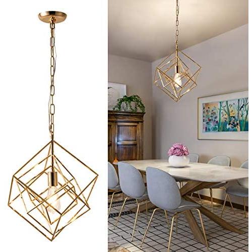 Square Chandelier Golden Industrial Pendant Light Fixture Rustic 1 Light Vintage Cage Hanging Ceiling Fixture with Adjustable Chain for Kitchen Island, Dining Room, Farmhouse, Foyer, UL Listed