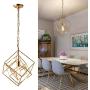 Square Chandelier Golden Industrial Pendant Light Fixture Rustic 1 Light Vintage Cage Hanging Ceiling Fixture with Adjustable Chain for Kitchen Island, Dining Room, Farmhouse, Foyer, UL Listed