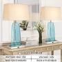USB Table Lamp Set of 2, LMS 28'' Bedside Table Lamps with USB Charging Ports, Blue Glass Nightstand Lamp with White Fabric Shade, Table Lamps for Bedroom Living Room, LMS-070