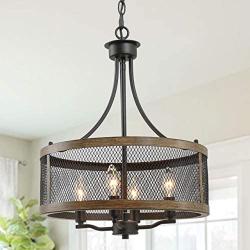 LALUZ Industrial Drum Chandeliers Farmhouse Pendant Hanging Vintage Lighting Fixture for Dining Room, 16”Width, Oil Black & Wood Finish