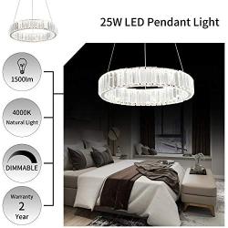 7Degobii Modern Crystal Glass Round Chandelier Fixtures LED Hanging Lamps 1 Ring D15.7'' 25W 1500lm 4000K Dimmable Dining Room Ceiling Light for Living Room Bedroom Natural Light 4000K