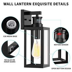 Dusk to Dawn Wall Sconce, QcoQce Outdoor Motion Sensor Wall Lantern, Wall Porch Lights Fixtures, Exterior Waterproof Matte Black Wall Mount Lamp with Clear Glass Shade for Porch, Entryway, Doorway