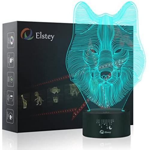 Animals Wolf 3D Night Light Touch Table Desk Lamps, Elstey 7 Color Changing Lights with Acrylic Flat & ABS Base & USB Cabler