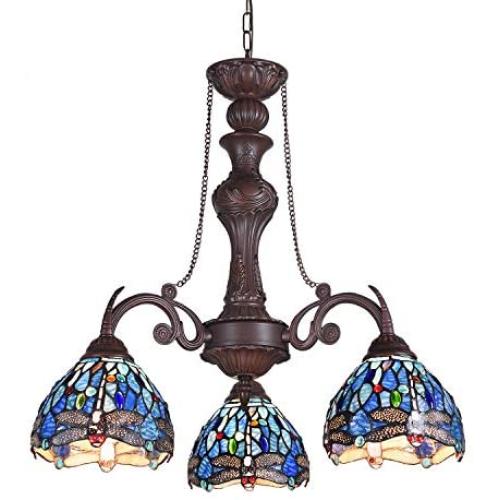 Capulina Chandelier, 3 Lights Tiffany Ceiling Light Fixture, Stained Glass Lampshade Dinning Room Lighting Fixtures Hanging, Antique Kitchen Lights CL074376-3CH