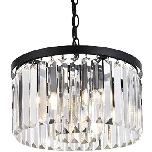 Cuaulans Modern Crystal Chandelier, Black Finish Semi Flush Mount Ceiling Light Fixture Pendant Lamp for Dining Room Bathroom Bedroom Livingroom