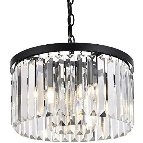 Cuaulans Modern Crystal Chandelier, Black Finish Semi Flush Mount Ceiling Light Fixture Pendant Lamp for Dining Room Bathroom Bedroom Livingroom