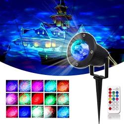 KOOT Water Ocean Wave Christmas Light Projector, 10 Multi Colors Garden Lights Memory Mode Outdoor Indoor Aluminum Light Water Effect or Fire Effect Waterproof with New IR Remote for Party（2020 New）