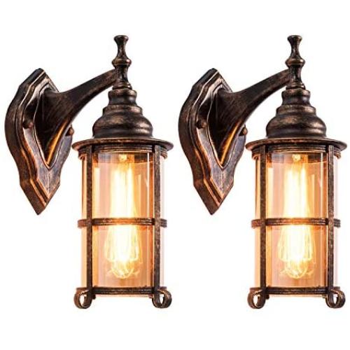 Rustic Outdoor Wall Light, Golden Bronze Exterior Wall Sconces Fixture with Amber Glass Shade, Industrial Lantern Porch Lighting Waterproof Retro Farmhouse Lamp for Indoor Bedroom Living Room Pack-2