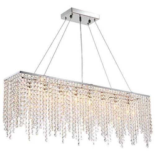 7PM Modern Linear Rectangular Chandelier Crystal Hanging Pendant Light Polished Chrome Frame Fixture for Dining Room Kitchen Island Length 47''