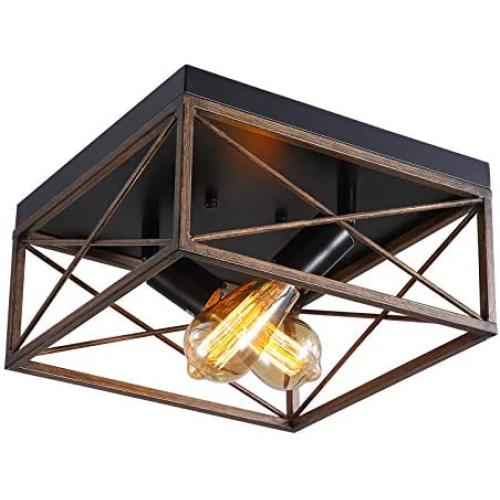 WIFUME Industrial Flush Mount Ceiling Light Fixture, Farmhouse Close to Ceiling Light 2-Light Retro Lighting Fixture for Kitchen Dining Room Bedroom Hallway Foyer, Metal Wooden Finish