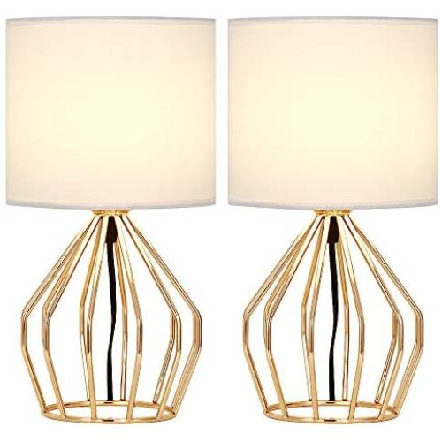 Table Lamps Set of 2 Bedside Lamps Modern Desk Lamp Gold Hollowed Out Metal Base with White Lampshade Night Light Pair for Bedroom Living Room
