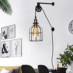 Modern Industrial Rustic Cage Wall Lamp Lift Pipe Pulley Lights Fixture - Retro Pendant Lamp Adjustable Hanging with Plug in Cord - Wall Sconce for Indoor Living Room Restaurant (with no Bulb,Black)