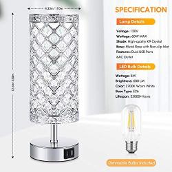 Touch Control Crystal Table Lamp Set of 2 Bedside Nightstand Lamps with 2 USB Charging Ports, 3-Way Dimmable, K9 Crystal Decorative Desk Lamp for Bedroom, Girls Guest Room, Living Room, Bulbs Included