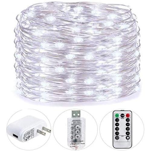 HSicily 49ft 150 LED Fairy Lights Plug in with Remote Control Timer, 8 Modes USB String Light with Adapter,Cool White LED Twinkle Lights for Christmas Thanksgiving Bedroom Indoor Decoration