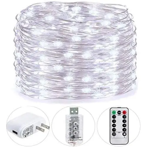 HSicily USB Plug in Fairy Lights with Remote Control Timer, 8 Modes 40ft 120 LED USB String Lights with Adapter,Cool White LED Twinkle Lights for Christmas Bedroom Indoor Decoration