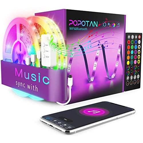 Popotan Led Strip Lights 50ft - Smart Rope Lights Work with Alexa Google Home, Music Sync Remote SMD 5050 450 LEDs RGB Color Changing Led Lights App Control for Bedroom TV Bar Room Decor