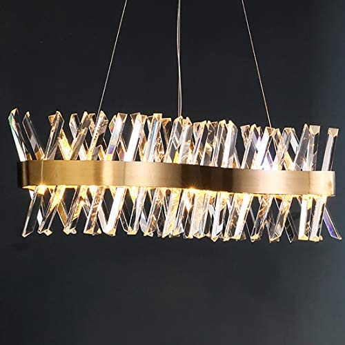 Siljoy X-Shape Crystal Chandelier Modern Led Pendant Lighting Gold Hanging Light Fixture with Metal Body Clear Shade for Dining Room Living Room Kitchen Island 40.5 Inches