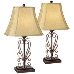 Traditional Table Lamps Set of 2 Open Iron Scrollwork Bronze Copper Metal Faux Silk Rectangle Shades for Living Room Bedroom House Bedside Nightstand Home Office Reading Family - Franklin Iron Works