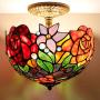 Tiffany Ceiling Fixture Light W12H11 Inch Semi Flush Mount Stained Glass Yellow Red Rose Shade Antique Style S001 WERFACTORY LAMPS Coffee Bar Study Office Entry Kitchen Island Hallway Dining Room Loft