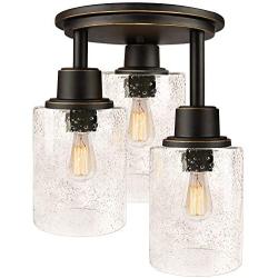 Semi Flush Mount Ceiling Light, 3-Light Close to Ceiling Light Fixtures, Vintage Oil-Rubbed Bronze Finish with Clear Seeded Glass Shade Chandelier Lighting for Stairs Porch Hallway Entryway Kitchen