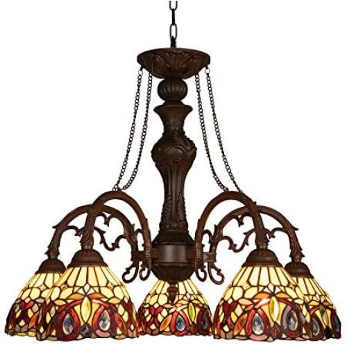 Capulina Handcrafted Tiffany Glass Chandelier, 5 Lights Tiffany Ceiling Light Fixture, Victorian Lampshade Dinning Room Lighting Fixtures Hanging, Antique Kitchen Lights CL078802-5CP