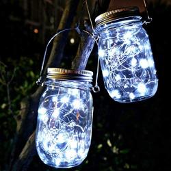 Solar Mason Jar String Light Lids, 10 Pack 20 LED Fairy Firefly String Light Inserts with 10 Hangers Starry Lightin for Patio Lawn Garden Wedding (Cool White)