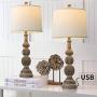 BOBOMOMO 27.75 USB Table Lamp with Charging Port Set of 2 Antique Retro Nightstand Lamp for Bedroom Living Room Resin Classic Bedside Washed Brown Desk Lamps with White Fabric Shade