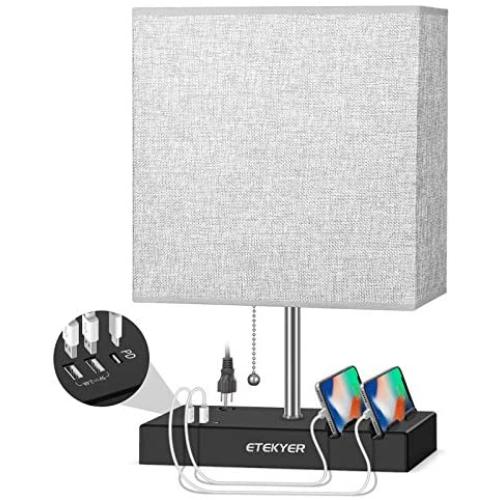 Table Lamp with USB Port, Bedside Lamp with 45W PD Fast Charging Port, Nightstand Lamps for Bedrooms, USB Desk Table Reading Lamp with Outlet and Pull Chain Switch for Living Room, Office, Gray