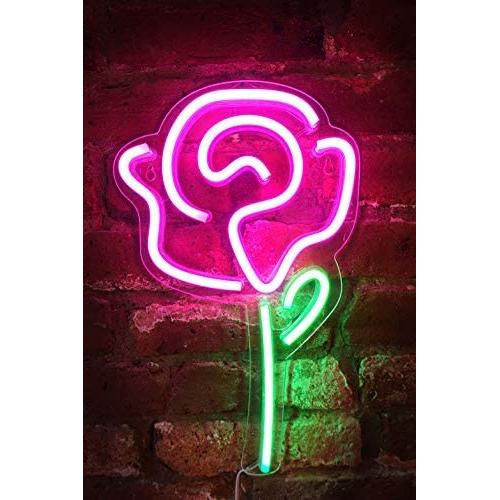 Isaac Jacobs 15'' x 9'' inch LED Neon Pink Rose Flower with Green Stem Wall Sign For Cool Light, Wall Art, Bedroom Decorations, Home Accessories, Party, and Holiday Decor: Powered by USB Wire (ROSE)