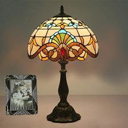 Stained Glass Lampshades Table Lamps Tiffany Table Lamp E27 Bulb Reading Lamp Antique Desk Light for Living Room Bedroom Bedside - H19W12 Inch,Metal Base