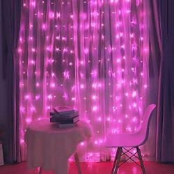 Fiee Curtain Lights,304L 9.8ftX9.8ft 30V 8Modes Safety Window Lights with Memory for Home Wedding Christmas Party Patio Lawn Garden Bedroom Outdoor Indoor Wall Decorations (304LED, Pink)