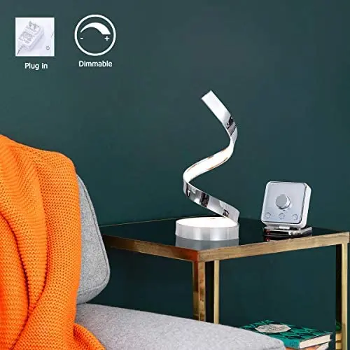 Modern LED Table Lamp Spiral Ring Dimmable Desk Lamp Plug-in Table Light Chrome Finished Warm White 3000K Desk Light for Bedroom Office Living Room, by HL Modern LED Table Lamp Spiral Ring Dimmable Desk Lamp Plug-in Table Light Chrome Finished Warm White 3000K Desk Light for Bedroom Office Living Room, by HL
