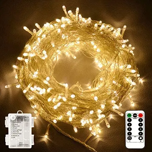 100 LEDs Outdoor LED Fairy String Lights Battery Operated with Remote (Dimmable, Timer, 8 Modes) - Warm White