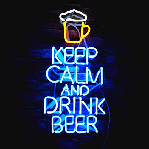 Neon Signs Keep Calm and Beer Handmade Real Glass Neon Sign for Bedroom Office Hotel Pub Cafe Recreation Room Wall Decor Night Light 18'' x 9.5'' Blue