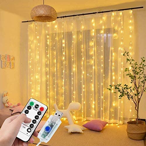 DANGZW LED Curtain Lights, 3m 3m Window String Lights with 8 Modes Remote Control, Waterproof LED Fairy Lights for Christmas Wedding Party Garden Bedroom Decoration (Warm White)