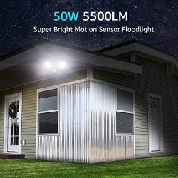 Olafus 50W LED Security Lights Motion Sensor, 5500LM Outdoor PIR Flood Light, IP65 Waterproof Exterior Floodlight Fixture, 2 Head Motion Detector Outside Lighting for Garage, Porch, Yard, 5000K White