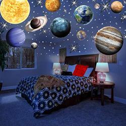 MAFOX Glow in The Dark Planets with Colorful Stars, Solar System Wall Stickers -Sun Earth Mars ect,11 Glowing Ceiling Decals for Bedroom Living Room,Shining Space Decoration for Kids for Girls and Boy