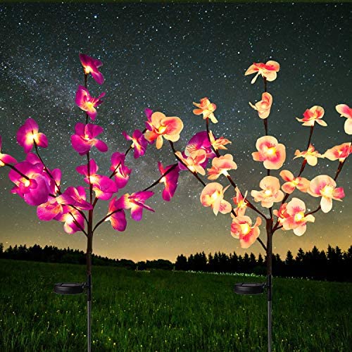 HeyMate Solar Lights Outdoor 2 Pack Purple & Pink Solar Garden Orchids Flower Lights Solar Christmas Decorative Lights Waterproof for Patio,Yard,Backyard,Pathway