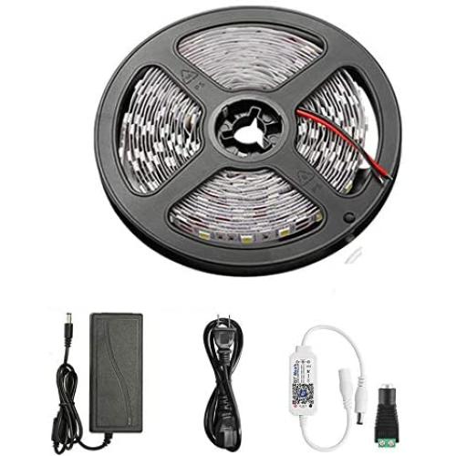 16.4ft Led Strip Lights Warm White Brightness Adjustale Bluetooth APP Control 2835 SMD 300 LEDs Strip Kit Non-waterproof LED Rope Light with Single Color Bluetooth Mesh Led Controller,12V Power Supply