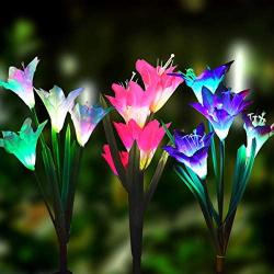 Solar Lights Outdoor - New Upgraded 3 Pack Solar Powered Garden Lights, Multi-Color Changing Lily Solar Flower Lights for Patio,Yard Decoration