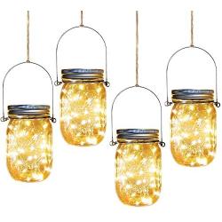 Aikeve Solar Mason Jar Lights,4 Pack 30 Led Starry Fairy String Hanging Jar Lights,Solar Lanterns for Outdoor Patio Party Garden Wedding Christmas Decorations Lights(Mason Jars/Handles Included)